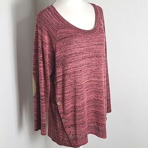 Perch Pink & Black Tweed Sweater with Tan Side Buttons & Elbow Patches, Size 2X